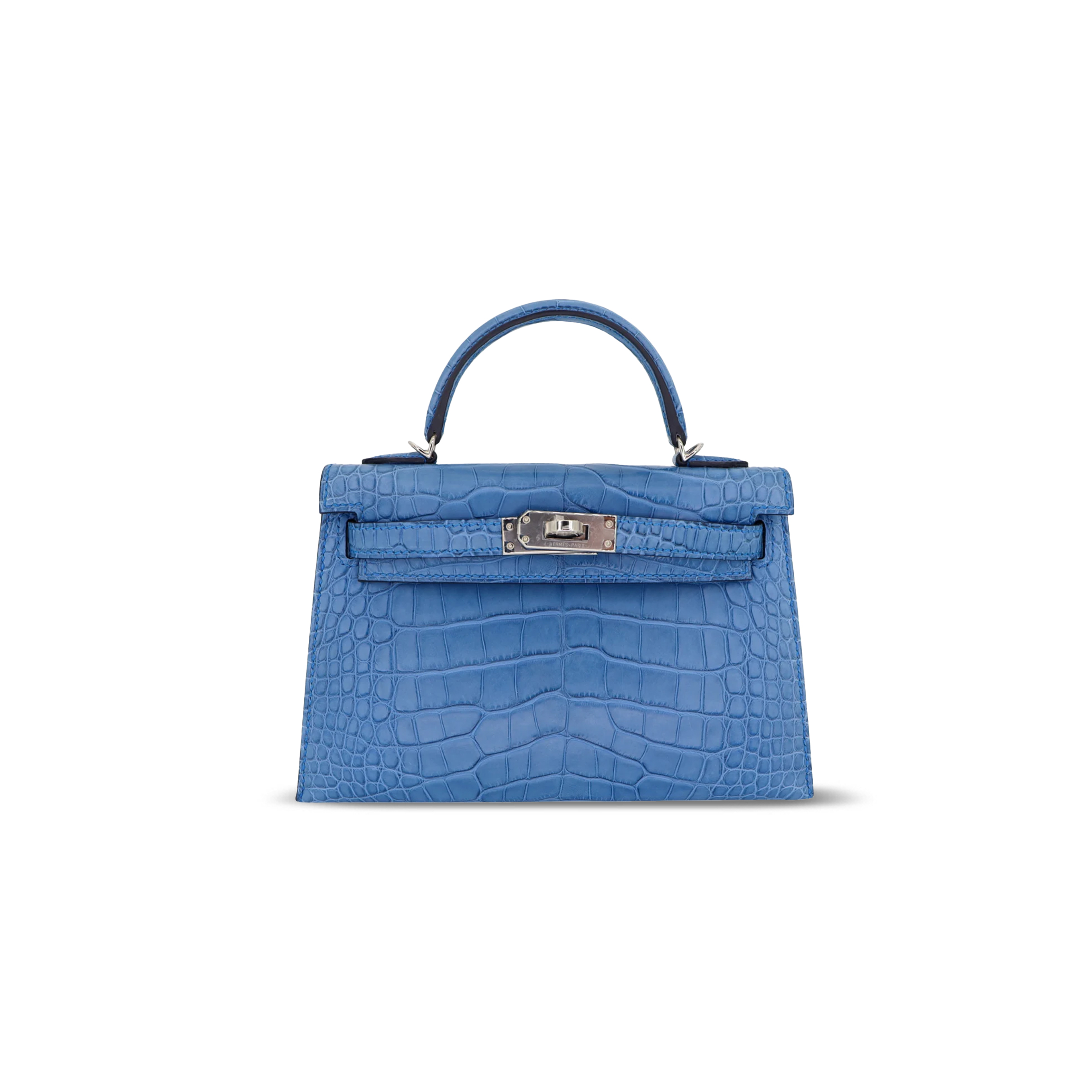 HERMÈS MASTER MINI KELLY II SELLIER BLEU ZELLIGE ALLIGATOR PALLADIUM (19.5*12*6cm)